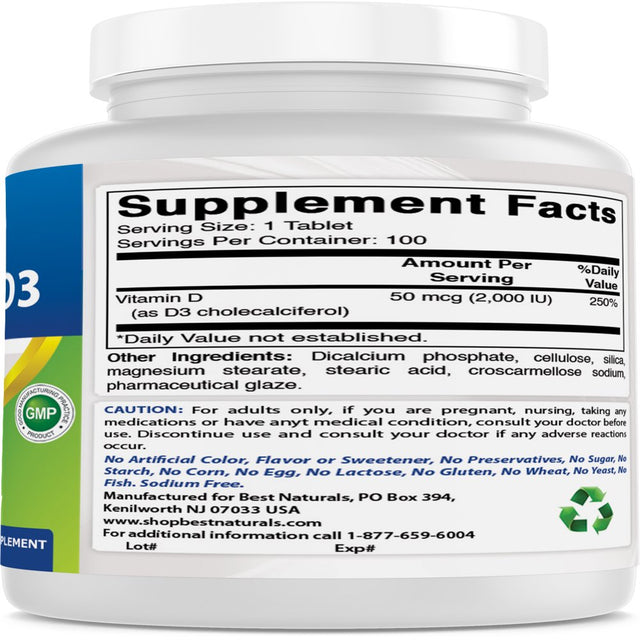 Best Naturals Vitamin D3 Supplement 50 Mcg (2,000 IU) 100 Tablets | Support Immune Health, Strong Bones and Teeth, & Muscle Function