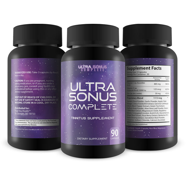 Ultra Sonus Complete Tinnitus Supplement - Garlic Turmeric Vitamin C Max Formula - Support Reduced Inflammation & Ear Ringing with This Natural Herbal Formula ( 90 Capsules )