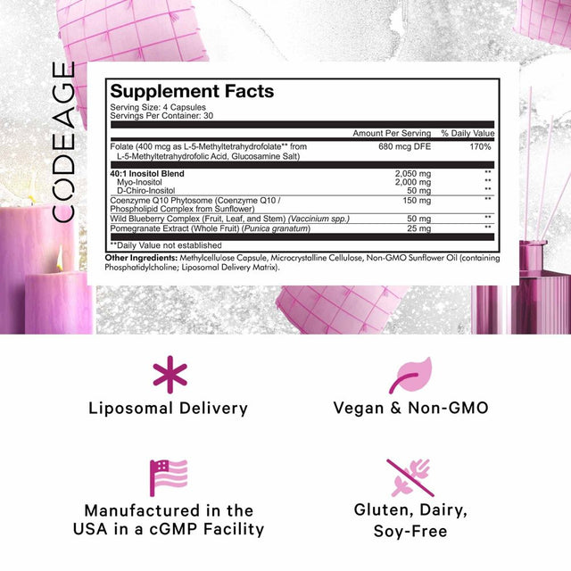 Codeage Liposomal Ovarian Inositol + Supplement, Folate & Coq10 Phytosome, Hormonal Balance, 120 Ct