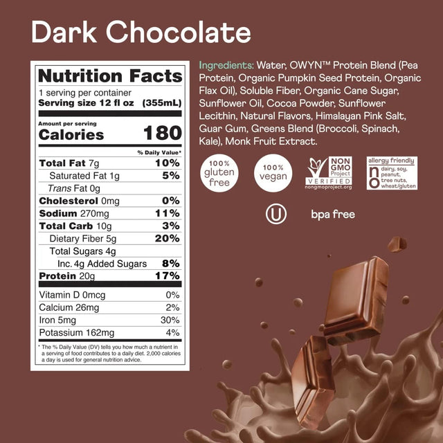 OWYN 100% Vegan Plant-Based Protein Shakes | Dark Chocolate, 12 Fl Oz (Pack of 4) | Dairy-Free, Gluten-Free, Soy-Free, Tree Nut-Free, Egg-Free, Allergy-Free, Vegetarian