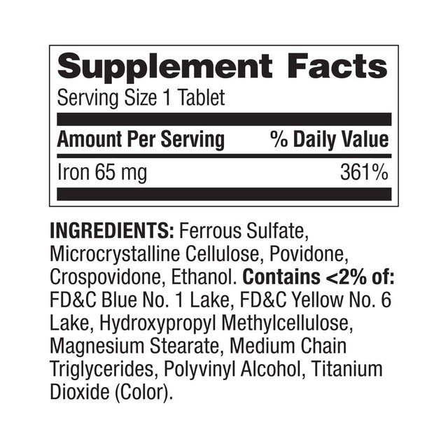 Spring Valley Iron General Wellness Dietary Supplement Tablets, 65 Mg, 100 Count