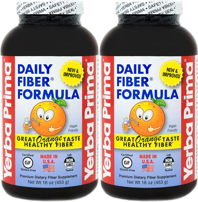 Yerba Prima Daily Fiber Formula 16 Oz (Pack of 2) - Premium Dietary Fiber Supplement, Non-Gmo, Gluten Free, Made in the USA, Orange Flavor