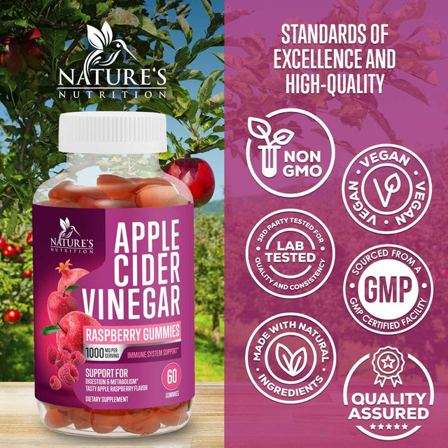 Vegan Apple Cider Vinegar Gummies 1000Mg for Detox and Cleanse, Nature'S ACV Gummy Vitamins B12 Supplement for Digestion, Natural Apple Raspberry Flavor, Non-Gmo, Gluten Free for Adults - 60 Gummies