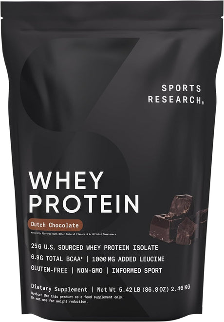 Sports Research Whey Protein - Sports Nutrition Whey Isolate Protein Powder for Lean Muscle Building & Workout Recovery - 5 Lb Bag Bulk Protein Powder 25G per Serving - Dutch Chocolate, 60 Servings