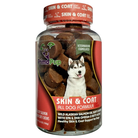 Primo Pup Skin & Coat Formula | Omega-3 Fish Oil Soft Chews for Dogs | for Healthy Skin and Shiny Coat | Grain Free, No Artificial Colors or Flavors | Vet Developed | 30 Soft Chews