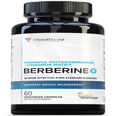 Premium Berberine with Ceylon Cinnamon - Glucovantage (Clinically Proven 5X More Effective than Regular Berberine) for Blood Sugar Support - Vitauthority Berberine Supplement 60Ct Capsules