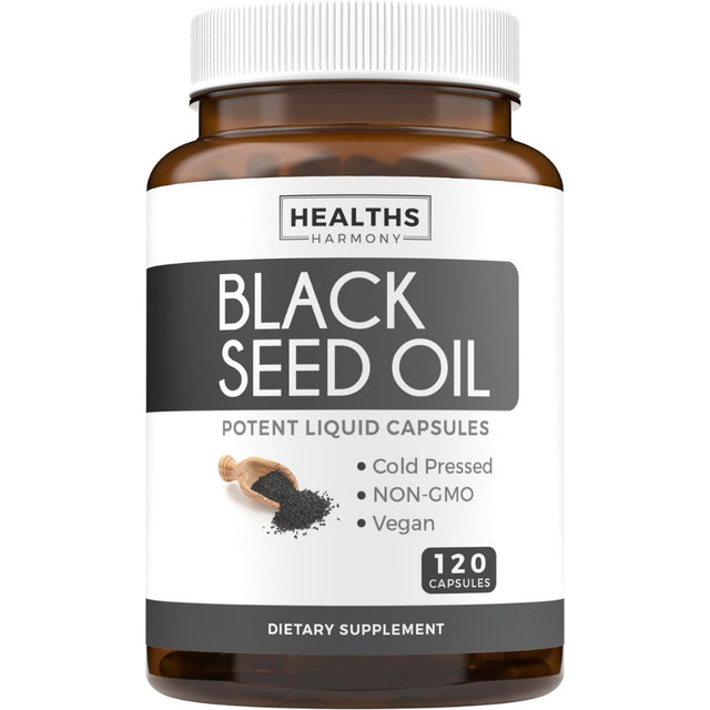 Healths Harmony Black Seed Oil 1000 Mg, 120Ct Softgel Capsules, NON-GMO & Vegan Supplement Made from Cold Pressed Nigella Sativa Pure Black Cumin Seed Oil