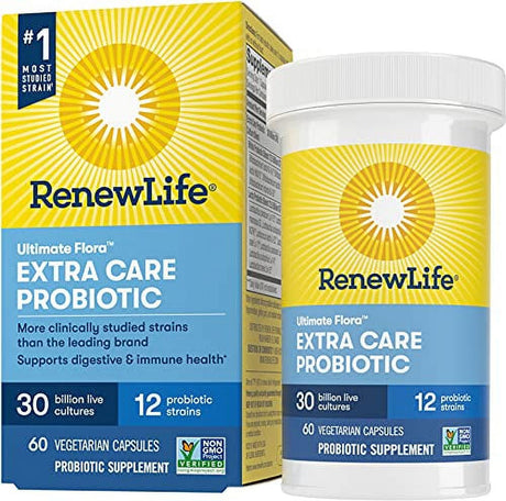 Renew Life Adult Probiotics 30 Billion CFU Guaranteed, 12 Strains, for Men & Women, Shelf Stable, Gluten Dairy & Soy Free, Ultimate Flora Extra Care, 60 Count, Pack of 1