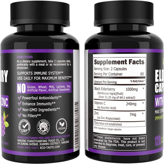 Elderberry Capsules with Zinc & Vitamin C - 120 Capsules, Sambucus Elderberries for Immune Support, Skin Health - Veggie Caps