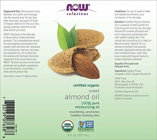 NOW Solutions, Organic Sweet Almond Oil, 100% Pure Moisturizing Oil, Promotes Healthy-Looking Skin, Unscented Oil, 8-Ounce