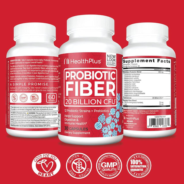 Health plus Probiotic Fiber Dietary Supplement, 30 Capsules, 30 Servings