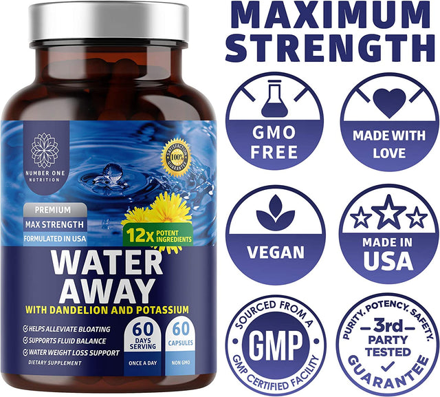 N1 Nutrition Premium Water Away Pills [Natural Diuretic] Enhanced with Dandelion Leaf Extract & Potassium for Water Retention, Bloating & Swelling Relief, Non-Gmo, 60 Caps