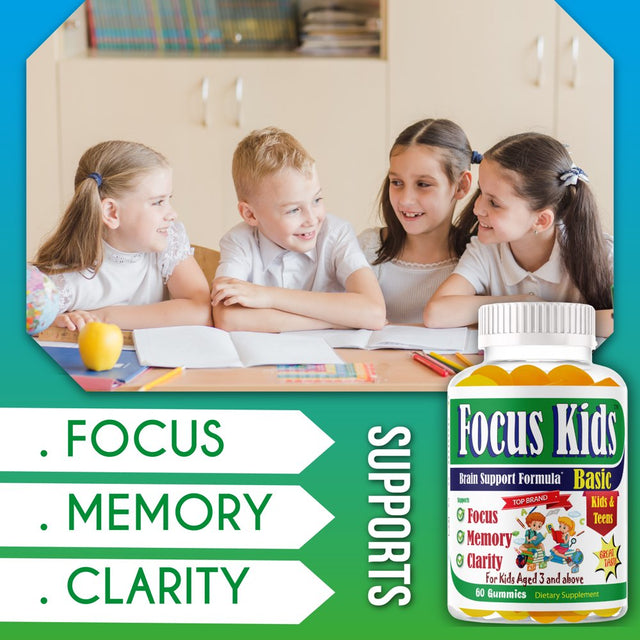 Focus Kids Kids Brain Booster Supplements Brain Focus Gummies Omega 3 for Kids Attention & Focus, Brain Booster, Memory & Concentration- 60Ct