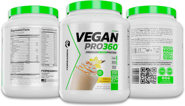 Forzagen Vegan Protein 360 2 Lbs 27 Servings, Plant Based Protein Extracted from Quinoa, Brown Rice and Pea Isolate Protein, Dairy, Soy and Gluten Free, Nom GMO (Vanilla Milkshake)