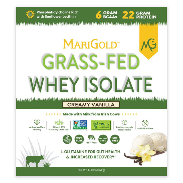 Marigold Grass-Fed Whey Isolate Protein Powder Creamy Vanilla 1LB - Cold Processed, Undenatured, Non-Gmo, Rbgh Free, Soy Free, Gluten Free