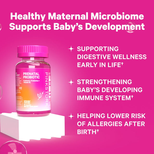 Pink Stork Prenatal Probiotics for Pregnancy, Daily Digestive Support with Prebiotics & B6, 30 Ct