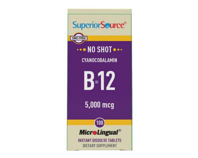 Superior Source No Shot Vitamin B12 Cyanocobalamin 5000 Mcg, Quick Dissolve Sublingual Tablets 100 Count, B12 Supplement to Increase Metabolism and Energy Production, Nervous System Support, Non-Gmo