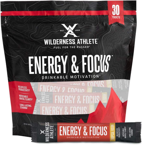 Wilderness Athlete: Energy & Focus, Powder Energy Drink Mix, Tropical Fusion, 30Count Single Serving Packets, Low-Carb, Zero Sugar, No Crash, Natural Caffeine from Green Coffee Bean