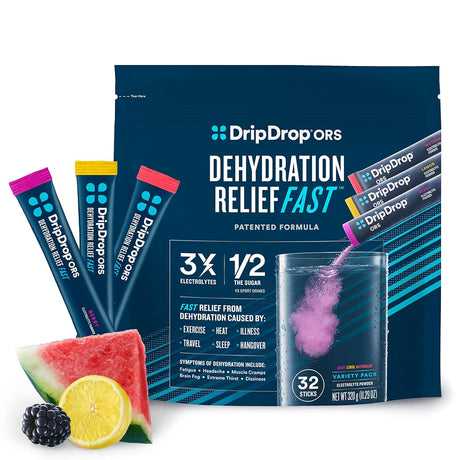 Dripdrop ORS - Electrolyte Powder for Dehydration Relief Fast - for Workout, Sweating, Illness, & Travel Recovery - Watermelon, Berry, Lemon Variety Pack - 32 X 8Oz Servings