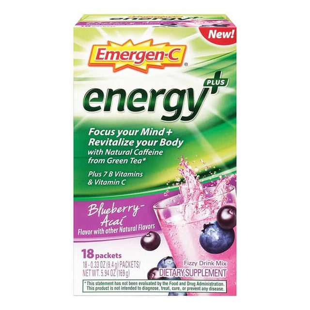 Emergen-C Energy plus Drink Mix Packets, Blueberry-Acai Flavor, 18 Ea, 6 Pack