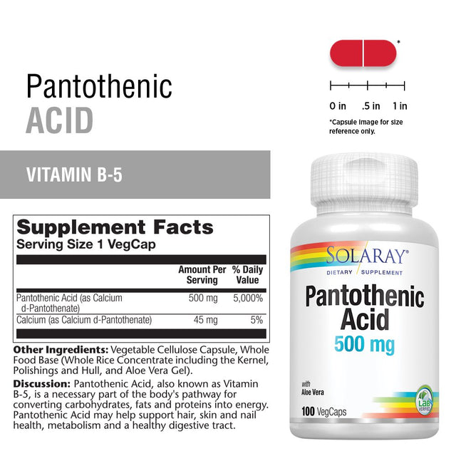 Solaray Pantothenic Acid 500Mg | Vitamin B-5 for Coenzyme-A Production & Energy Metabolism | for Hair, Skin, Nails & Digestive Support | 100 Vegcaps