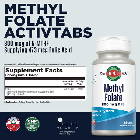 KAL Methyl Folate 800 Mcg | 5-MTHF Active Form | Healthy Heart, Mind, Mood & Prenatal Support | 90 Tablets