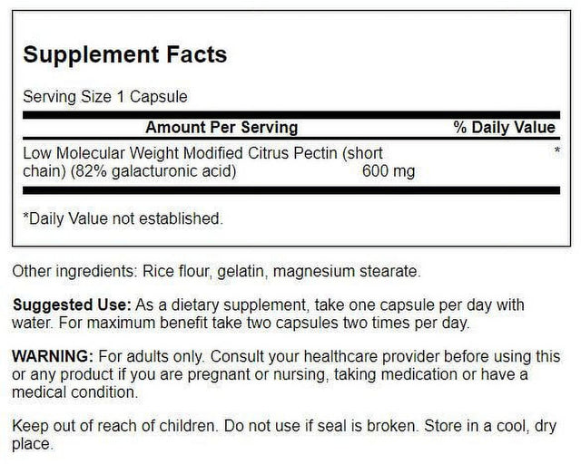 Swanson Pectipure Modified Citrus Pectin - Supports Digestive Health and Cellular Health - Delivers Minimum of 82% Galacturonic Acid - Natural Wellness Supplement - (60 Capsules, 600Mg Each)