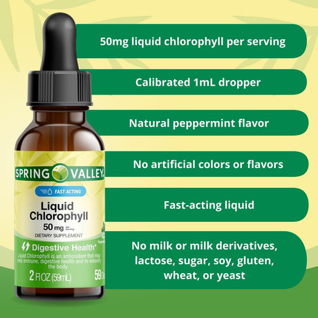 Spring Valley Fast Acting Chlorophyll Digestive Health Dietary Supplement Liquid, Peppermint, 50 Mg, 2 Fl Oz