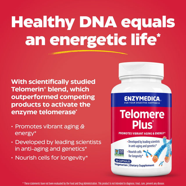 Enzymedica, Telomere Plus, Supports Healthy Aging, Cellular Health and Energy with Vitamin D3, Rhodiola and Astragalus, Vegetarian, 30 Capsules (30 Servings)