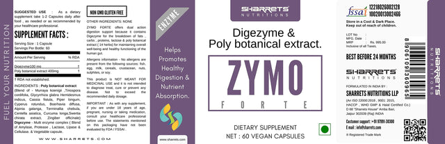 Sharrets Zymo Forte - Gut Health Supplements, Digestive Enzymes, Halal Certified, Non Gmo-Gluten Free, 500 Mg X 60 Vegetable Capsules