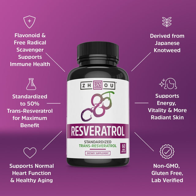 Zhou Resveratrol Supplement | Healthy Aging, Immune System & Heart Health Support | Powerful Antioxidant Benefits | 30 Servings, 60 Veg Caps