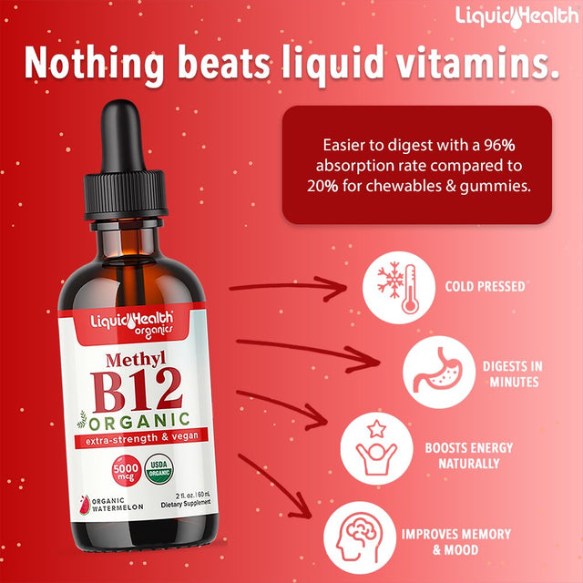 LIQUIDHEALTH Organic Vitamin B12 Drops for Energy & Metabolism Boost, 2 Fl Oz 1-Pack