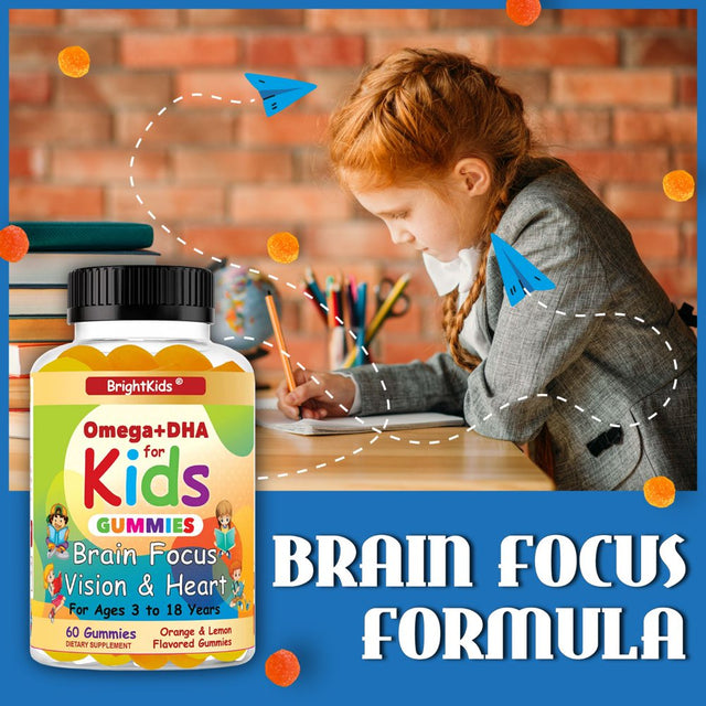 Brightkids Brain Focus, Vision & Heart Health Formula, Omega 3 Gummies +DHA, Support Focus Attention Memory Cognition Focus Formula for Kids 60 Gummies