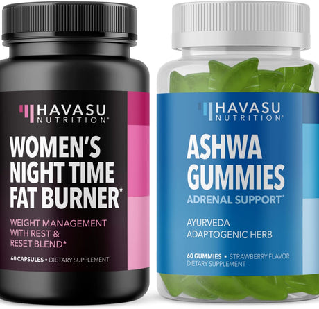 Women'S Night Time Fat Burner and Ashwagandha Gummies | Rest and Reset with Weight Loss and Stress Relief Support | 60 Night Time Fat Burner Capsules and 60 Strawberry-Flavored Ashwagandha Gummies