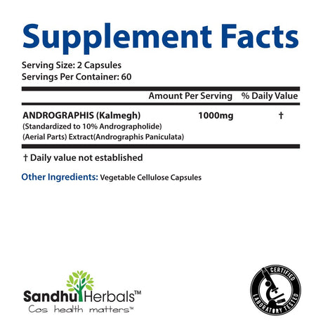 Sandhu Herbals Andrographis Paniculata Immunity Support Kalmegh Ayurvedic Herbal Vegetarian 120 Capsules