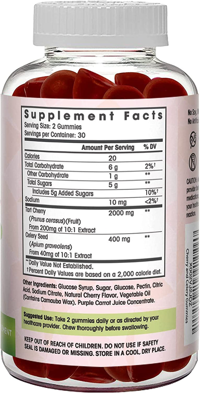 Tart Cherry Gummies (2000Mg) with Celery Extract (400Mg)- Uric Acid Cleanse, Sleep, and Joints- Tart Cherry Extract Alterative to Tart Cherry Juice Concentrate, Capsules, or Powders - 60 Count