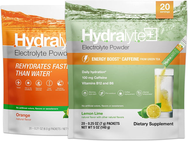 Hydralyte Electrolyte Hydration Powder with Energy Bundle | Energy Boost Lemon Lime Electrolyte Powder (20) Count | Instant Dissolve ORS Orange Electrolyte Powder (20) Count