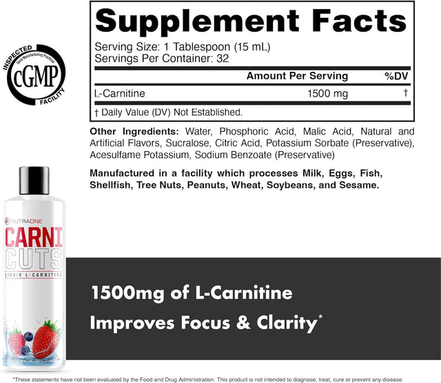 Carnicuts L-Carnitine Liquid Supplement by Nutraone Stimulant Free* (Berry Blast - 32 Servings)