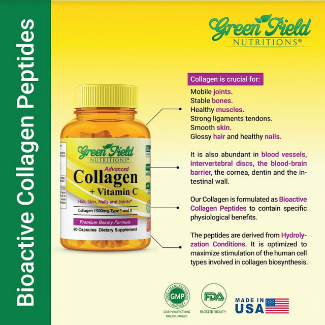 Greenfield Nutritions - Halal Collagen 1500 Mg with Halal Vitamin C, Hair, Skin, Nails, & Joints 90 Capsules