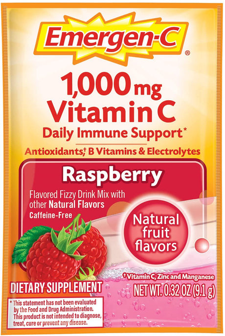 Emergen-C 1000Mg Vitamin C Powder, with Antioxidants, B Vitamins and Electrolytes, Immunity Supplements for Immune Support, Caffeine Free Fizzy Drink Mix, Raspberry Flavor - 30 Count/1 Month Supply