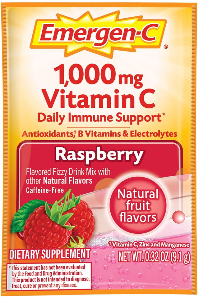 Emergen-C 1000Mg Vitamin C Powder, with Antioxidants, B Vitamins and Electrolytes, Immunity Supplements for Immune Support, Caffeine Free Fizzy Drink Mix, Raspberry Flavor - 30 Count/1 Month Supply