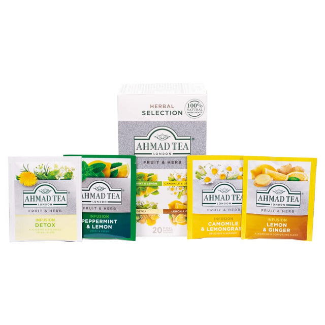 Ahmad Tea Herbal Tea, Fruit and Herb Selection, 4 Teas Peppermint and Lemon, Camomile and Lemongrass, Lemon and Ginger, and Detox Teabags, 20 Ct - Decaffeinated and Sugar-Free