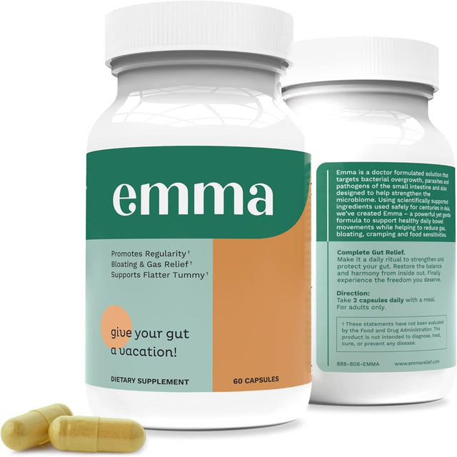 Emma Gut Health - Gas and Bloating Relief, Constipation, Leaky Gut Repair - Gut Cleanse & Restore Digestion - Regulate Bowel Movement. Probiotics and Laxative Alternative, 60 Capsules