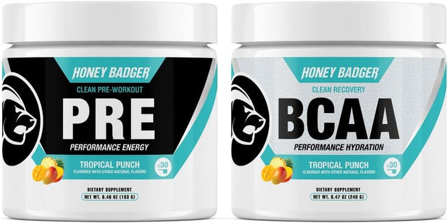 Honey Badger Pre Workout Powder | Vegan Keto Tropical Punch Preworkout | Natural Energy for Men & Women | Beta Alanine, Caffeine & Vitamin C for Immune Support | Sugar Free & Paleo | 30 Servings