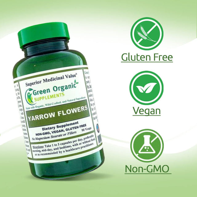 Yarrow Flower, 90 Vcaps, Non-Gmo, Gluten-Free, Green Organic Supplements (Single)