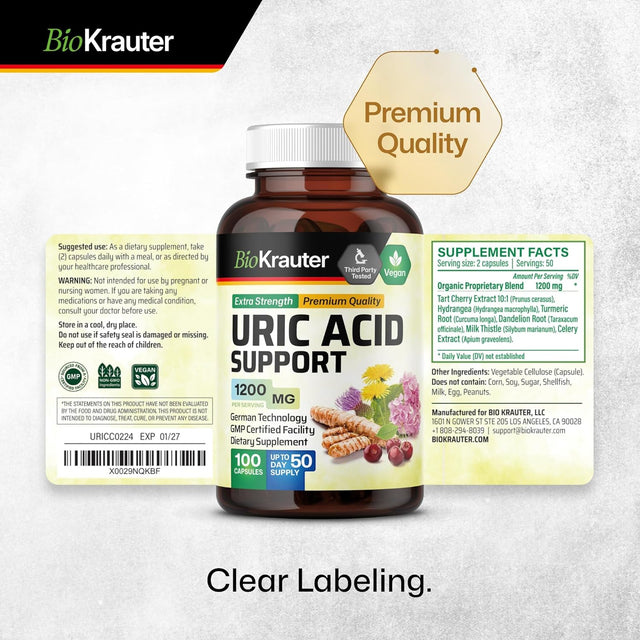 Uric Acid Support Capsules - Organic Kidney Health Supplement W/Tart Cherry 10:1 Extract - Milk Thistle & Turmeric Extract - Uric Acid Flush & Joint Support Pills - 100 Vegan Caps