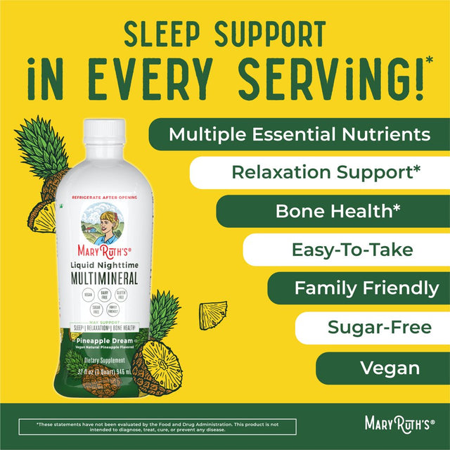 Maryruth Organics | Multimineral Supplement | Sleep Support, Relaxation, Bone Health for Adults & Kids | Pineapple Flavor | Vegan | Gluten Free | Sugar Free | 32 Servings