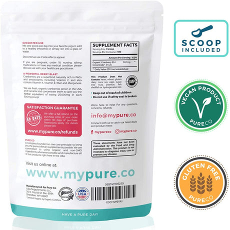 Pure Co USDA Organic Cranberry Concentrate (50:1) Powder - 500Mg Is Equivalent to 25,000Mg Fresh Cranberries - Kidney Cleanse UTI Support Vitamins - Fruit Extract Supplement - 100 Servings: No Pills