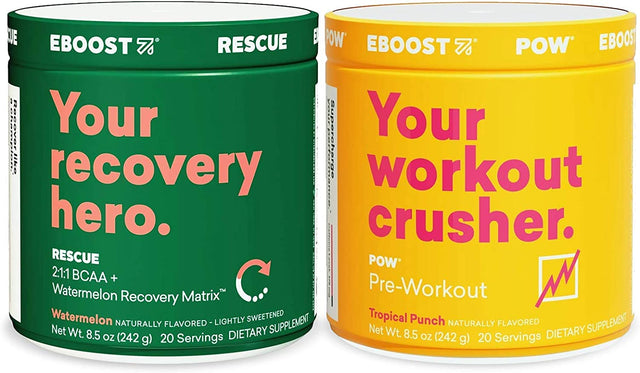 EBOOST POW Pre-Workout and Rescue BCAA Tub Bundle - Pre and Post Workout Supplement Powder for Performance, Joint Mobility, Support Recovery and Energy - Non-Gmo, Gluten-Free, No Creatine