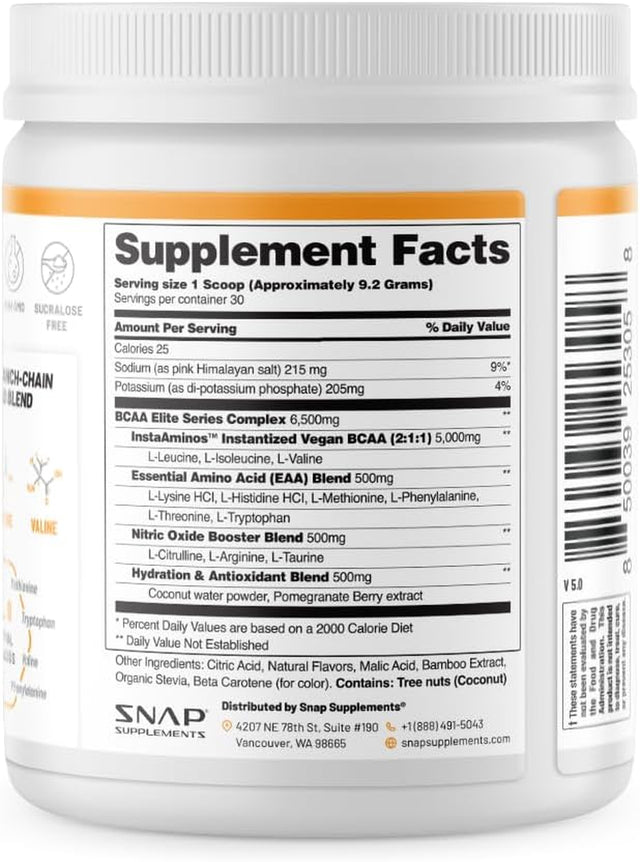 Snap Supplements Plant-Based BCAA Powder with Nitric Oxide Booster, No Artificial Flavors, Support Muscle Strength and Recovery, 30 Servings, Peach Mango